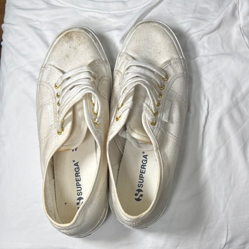 Superga Cream Canvas Sneakers with Gold Eyelets